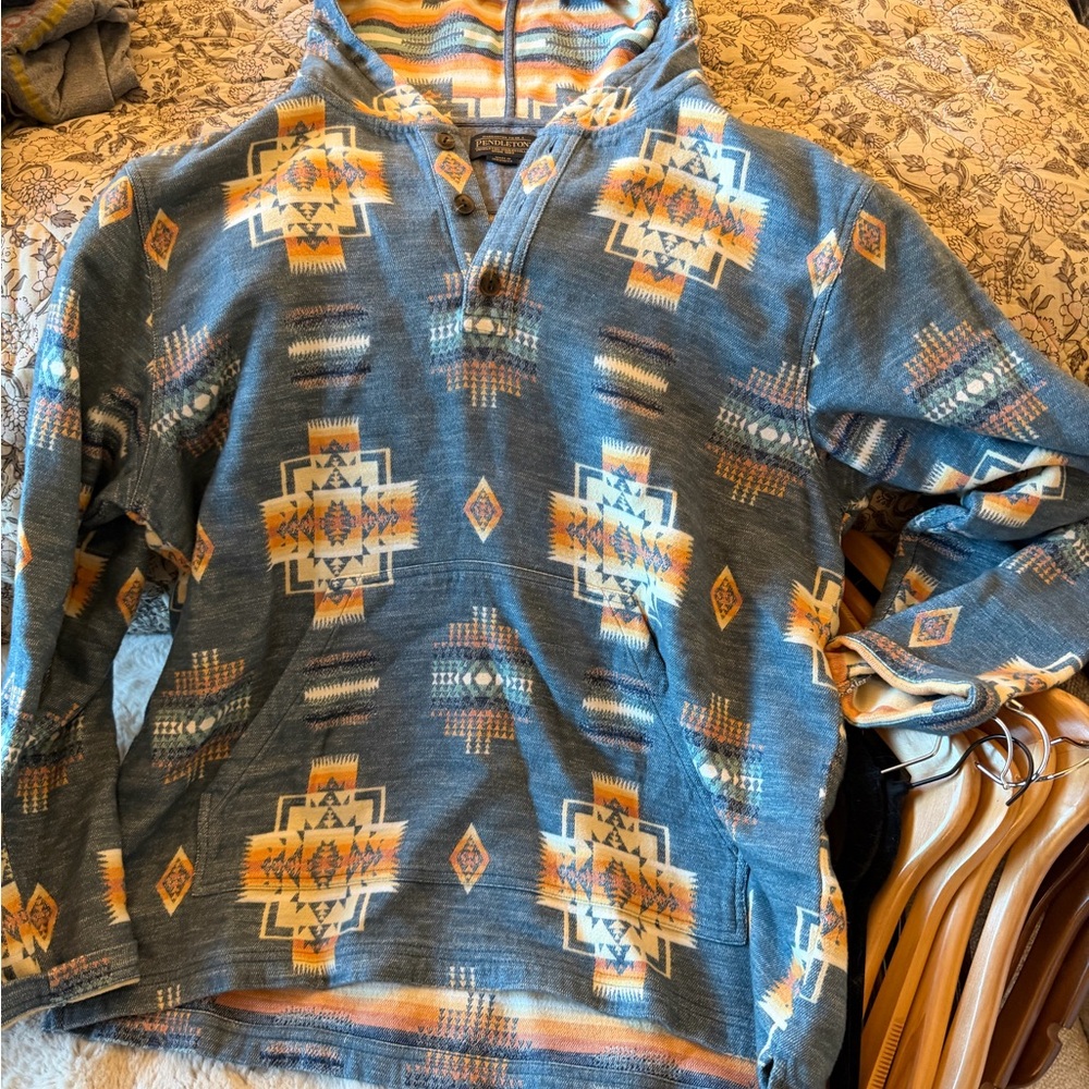 Pendleton Hooded Shirt with Southwestern Design in Blue and Orange